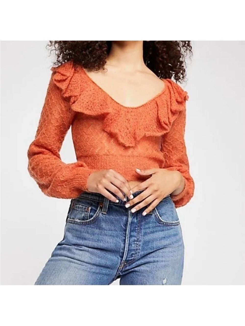 Free People Macaroon Ruffled Neck Mohair Wool Sweater Burnt Orange Ruffle size L - Picture 3 of 9
